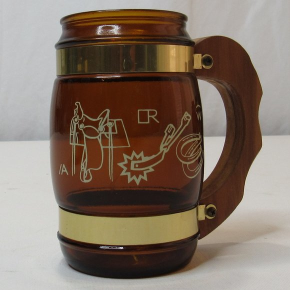 Vintage Siesta Ware Brown Barrel Amber Glass Mug Wood Handle Brass Trim Set of 5 - Picture 5 of 12